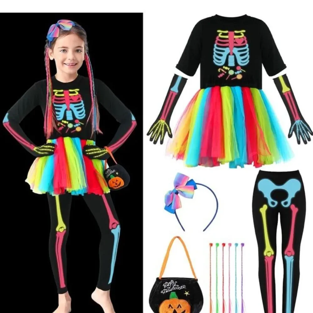 Girls Halloween Skeleton Costume Set, Glow‎ in the Dark Tutu Skirt size 10-12yrs